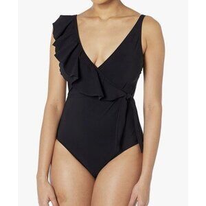 Gottex Sz 10 Swimsuit Tutti Fruity Ruffle One Shoulder V Neck One Piece Black